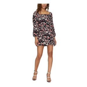 SANCTUARY Womens Black Peasant Sleeves Floral Square Neck Mini Dress Size: 4